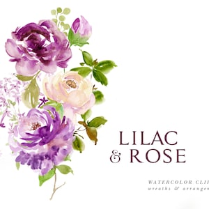 Imágenes prediseñadas florales púrpuras - Imágenes prediseñadas de acuarela - Arreglos de acuarela lila - Ramos - Coronas - Flores de primavera - Coronas de primavera - Primavera