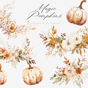 Puede incluir: Ilustraciones de acuarela de calabazas y ramos de flores en tonos marrones, beige y blanco. El texto "Magic Pumpkins" est&aacute; escrito en cursiva sobre las ilustraciones. El texto "Bouquets & Pumpkins" est&aacute; escrito debajo de las ilustraciones.