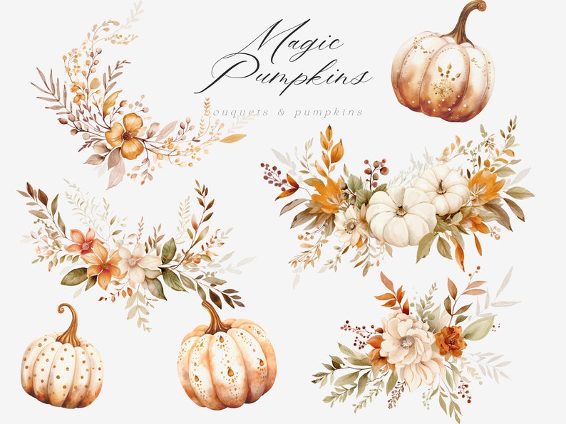 Puede incluir: Ilustraciones de acuarela de calabazas y ramos de flores en tonos marrones, beige y blanco. El texto "Magic Pumpkins" est&aacute; escrito en cursiva sobre las ilustraciones. El texto "Bouquets & Pumpkins" est&aacute; escrito debajo de las ilustraciones.