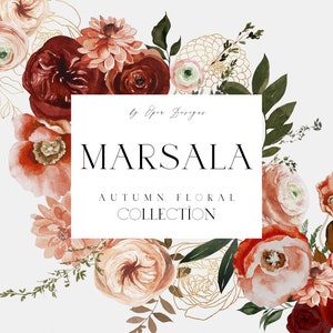 Clipart floral aquarelle - Marsala Bordeaux Blush - Fleurs automnales - Clipart automne - Clipart automne - Clipart Bordeaux Blush