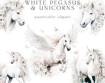 Op de afbeelding: Watercolor clipart met witte pegasus en eenhoorns. De afbeelding bevat verschillende illustraties van witte paarden met vloeiende manen, versierd met bloemen en hoorns. Vlinders en de tekst "Scrapbooking Series White Pegasus & Unicorns watercolor clipart" zijn ook aanwezig.