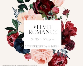 May include: Watercolor floral illustration featuring navy, burgundy, and blush roses, anemones, and eucalyptus leaves. The text "VELVET ROMANCE by Opia Designs NAVY BURGUNDY & BLUSH" is displayed on a white rectangle in the center of the image. The text "elements frames arrangements & wreaths" is displayed at the bottom of the image.