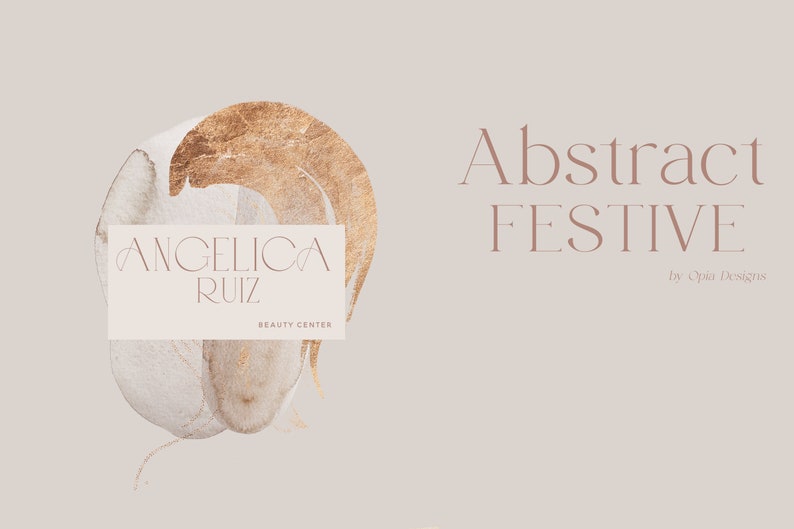 Puede incluir: Un dise&ntilde;o abstracto de acuarela en oro y blanco con una tarjeta de visita que dice "Angelica Ruiz Beauty Center" y el texto "Abstract Festive by Opia Designs".