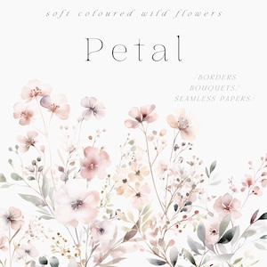 Aquarela Dusty Rose, Malva Wild Floral Clipart - Padrões florais sem costura - Clipart floral - Bordas florais - Clipart aquarela - Flores