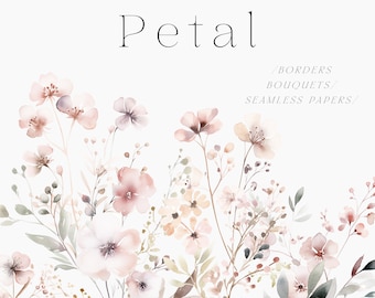 Watercolor Dusty Rose, Mauve Wild Floral Clipart - Floral Seamless Patterns - Floral Clipart - Floral Borders - Watercolor Clipart - Flowers