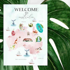 May include: A watercolor illustration of a map of Australia with various landmarks and animals. The map is pink and surrounded by a blue border. The text "WELCOME TO australia" is at the top of the map.