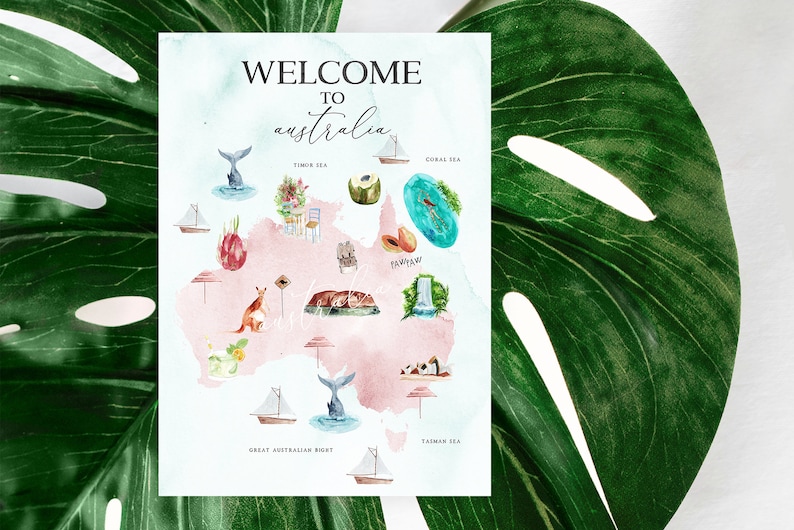 May include: A watercolor illustration of a map of Australia with various landmarks and animals. The map is pink and surrounded by a blue border. The text "WELCOME TO australia" is at the top of the map.