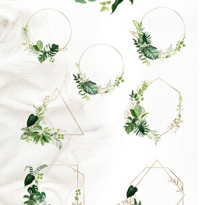 May include: A set of 8 watercolor tropical leaf illustrations with gold geometric frames. The frames are in the shapes of a circle, triangle, hexagon, and square. The text "Salt. Tropical Geometric frames" is at the top of the image.