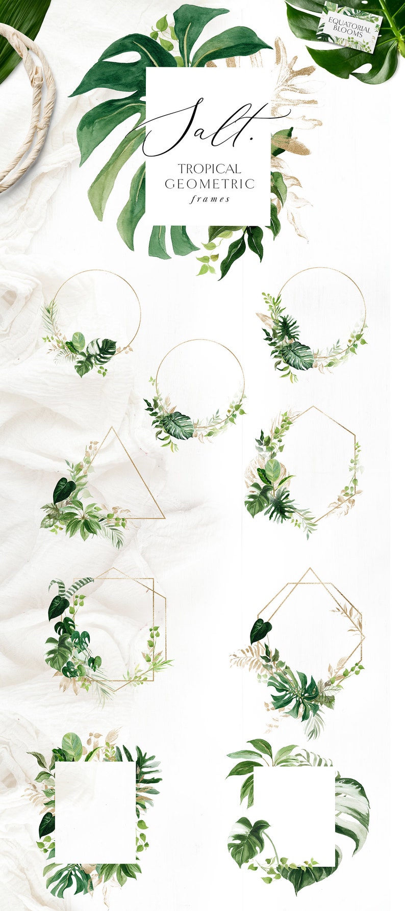 May include: A set of 8 watercolor tropical leaf illustrations with gold geometric frames. The frames are in the shapes of a circle, triangle, hexagon, and square. The text "Salt. Tropical Geometric frames" is at the top of the image.