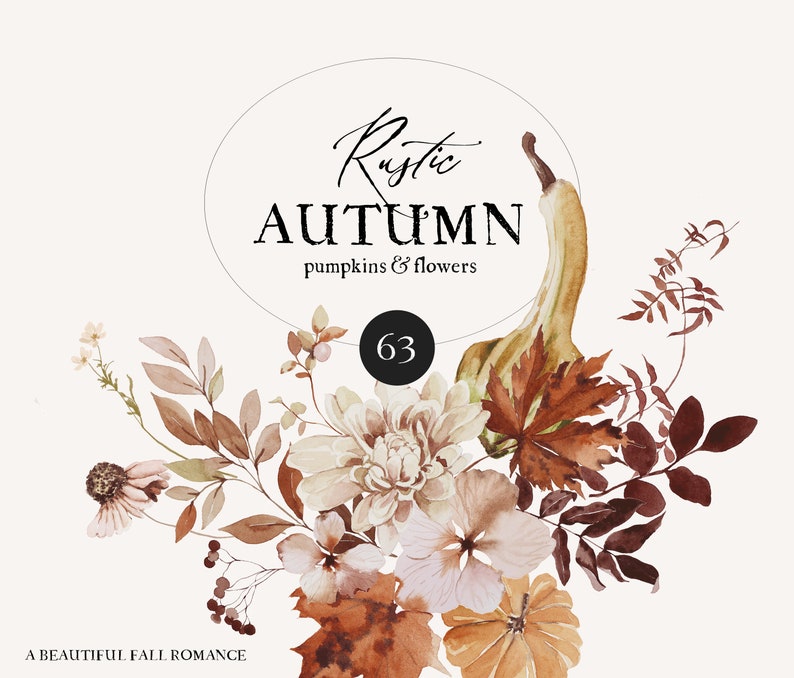 Op de afbeelding: Waterverfillustratie van een herfstbloemenarrangement met pompoenen, pompoenen en bladeren. De opstelling is in tinten bruin, oranje en cr&egrave;me. De tekst "Rustic Autumn pumpkins & flowers 63" staat bovenaan de afbeelding.