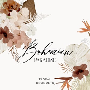 Boho Fleurs Séchées Clipart - Aquarelle Floral Clipart - Boho Tropical - Fleurs Boho - Fleurs Neutres - Palmier Séché - Feuilles Séchées