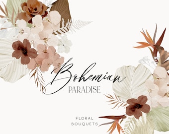 Boho Dried Flowers Clipart - Watercolor Floral Clipart - Tropical Boho - Bohemian Flowers - Neutral Flowers - Dried Palm - Dried Leaves
