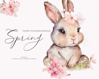 Watercolor Bunnies Clipart - Nursery Spring Clipart - Children - Cherry Blossom Clipart - Premade Clipart -Bunnies Clipart -Floral Clipart