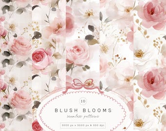 Padrões de aquarela com blush sem emendas - Papéis digitais - Fundos florais em aquarela - Clipart de casamento - Padrões florais com blush - Papel para scrapbook