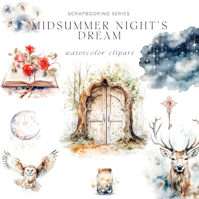 Peut inclure: Ensemble de clipart aquarelle sur le th&egrave;me f&eacute;erique du Songe d'une nuit d'&eacute;t&eacute;. L'ensemble comprend un livre avec des roses rouges, une lune avec des &eacute;toiles, une porte magique dans un arbre, un cerf avec des bois, une cl&eacute; avec un joyau rouge, un hibou en vol et un bocal avec des lucioles.
