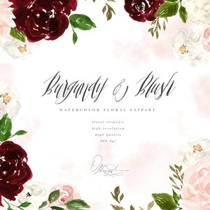 Burgundy Blush Floral Watercolor Clipart, Burgundy Watercolor Flowers, Blush Watercolor Flowers, Watercolor Floral Clipart, Watercolor