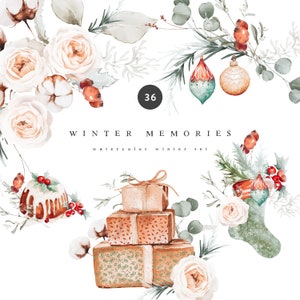 Clipart aquarelle de Noël - Clipart de Noël - Clipart aquarelle - Saison des Fêtes - Noël Premade Clipart -Clipart floral de Noël