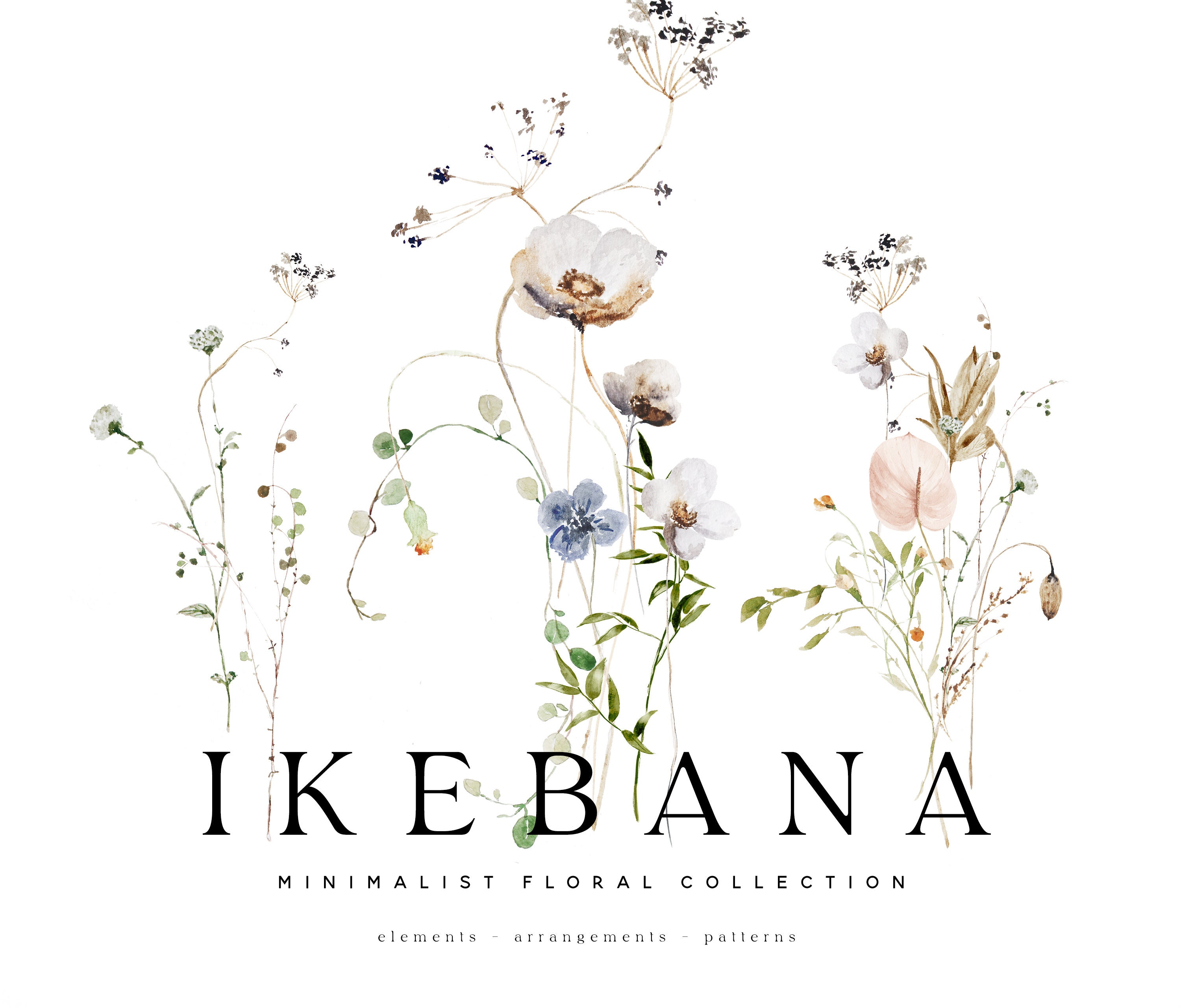Watercolor Floral Clipart - Wild Flowers Clipart - Minimalist Flowers Watercolor - Ikebana Clipart - Dainty Florals - Elegant Blooms