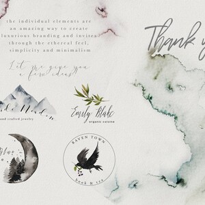 May include: Four watercolor logo designs with text. The first logo features a mountain range with the text "Brookside Nord" and "hand crafted jewelry". The second logo features a branch of leaves with the text "Emily Blake" and "organic cuisine". The third logo features a crescent moon with trees and the text "Lunazra Blue" and "tea house". The fourth logo features a raven with the text "Raven Town" and "book & tea".