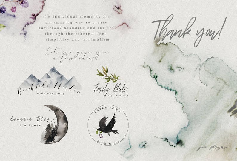 May include: Four watercolor logo designs with text. The first logo features a mountain range with the text "Brookside Nord" and "hand crafted jewelry". The second logo features a branch of leaves with the text "Emily Blake" and "organic cuisine". The third logo features a crescent moon with trees and the text "Lunazra Blue" and "tea house". The fourth logo features a raven with the text "Raven Town" and "book & tea".