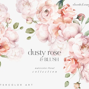 Clipart floreale rosa polverosa - Rose acquerellate - Clipart di rose - Rosa polverosa e fard - Clipart floreale - Clipart acquerellate - Clipart di nozze