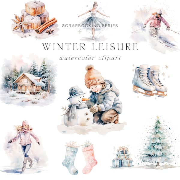 Watercolor Winter Clipart - Christmas Clipart - Winter Leisure Clipart - Stickers Clipart - Holiday Season - Winter Clipart - Cards Clipart