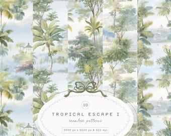 Patrones tropicales sin costuras en acuarela - Patrones tropicales - Papel para álbumes de recortes - Patrones de acuarela - Papel digital - Patrones sin costuras