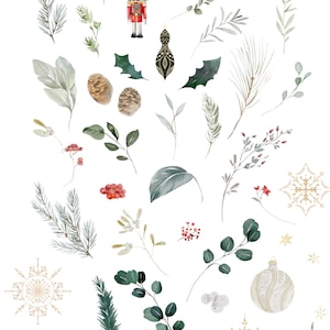 May include: A set of watercolor illustrations featuring Christmas elements, including a nutcracker, ornaments, pine branches, holly, and snowflakes. The illustrations are perfect for creating festive cards, invitations, and other crafts.