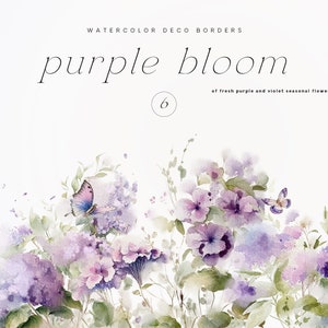 Clipart floral selvagem - Bordas florais em aquarela - Clipart pré-fabricado - Clipart de casamento - Bordas florais - Clipart aquarela - Flores roxas