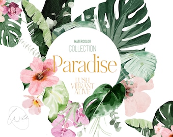 Tropical Watercolor Floral Clipart - Tropical Flowers - Tropical Leaves - Exotic Clipart - Watercolor Summer Clipart - Summer - Hibiscus