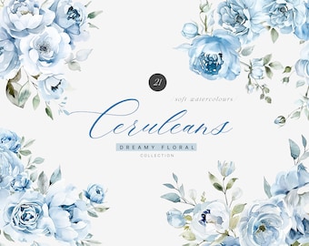 May include: A collection of 21 watercolor illustrations of blue flowers, leaves, and branches. The text "Ceruleans DREAMY FLORAL COLLECTION" is displayed in the center of the image.