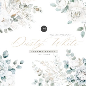 Clipart aquarelle florale blanc poussiéreux - Clipart floral - Clipart de roses - Clipart de pivoines - Clipart de mariage - Clipart de bouquets premade