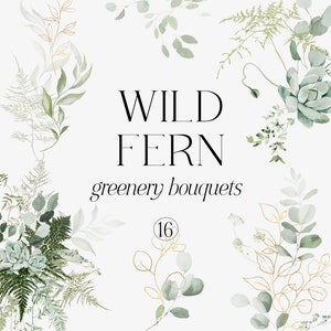 Clipart de buquês de aquarela - Clipart de vegetação - Clipart de folhagem - Clipart de buquês pré-fabricados - Clipart de ouro - Buquês de vegetação - Verde sálvia