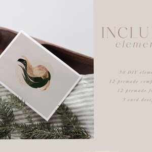 Puede incluir: Una ilustraci&oacute;n digital de un dise&ntilde;o abstracto verde y dorado en una tarjeta blanca. La tarjeta est&aacute; sobre una bandeja de madera con un tejido a rayas blanco y gris debajo. El texto "INCLUDED elements" est&aacute; en el lado derecho de la imagen. El texto debajo del t&iacute;tulo enumera la cantidad de elementos incluidos en la descarga digital: 50 elementos DIY, 12 composiciones prefabricadas, 12 marcos prefabricados y 3 dise&ntilde;os de tarjetas.