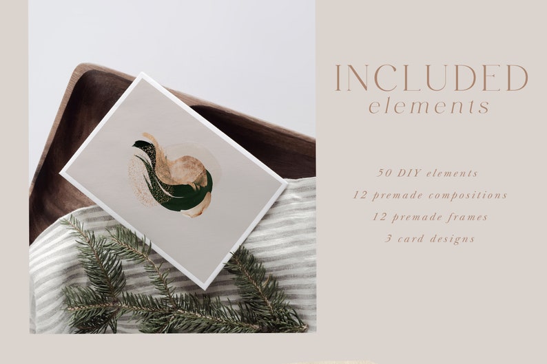 Puede incluir: Una ilustraci&oacute;n digital de un dise&ntilde;o abstracto verde y dorado en una tarjeta blanca. La tarjeta est&aacute; sobre una bandeja de madera con un tejido a rayas blanco y gris debajo. El texto "INCLUDED elements" est&aacute; en el lado derecho de la imagen. El texto debajo del t&iacute;tulo enumera la cantidad de elementos incluidos en la descarga digital: 50 elementos DIY, 12 composiciones prefabricadas, 12 marcos prefabricados y 3 dise&ntilde;os de tarjetas.