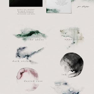 May include: Eight abstract watercolor washes in various shades of green, blue, black, and pink. The washes are labeled with names like "the abyss", "apparition", "dark orchid", "ink", "dusted rose", "lake whisper", "dark haze", and "spider web".