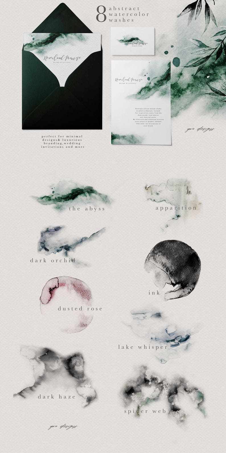 May include: Eight abstract watercolor washes in various shades of green, blue, black, and pink. The washes are labeled with names like "the abyss", "apparition", "dark orchid", "ink", "dusted rose", "lake whisper", "dark haze", and "spider web".