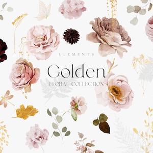 Watercolor Blush and Rose Clipart - Floral Clipart - Watercolor Clipart - Blush and Rose - Gold Foil Clipart-Wedding Clipart-Flowers Clipart