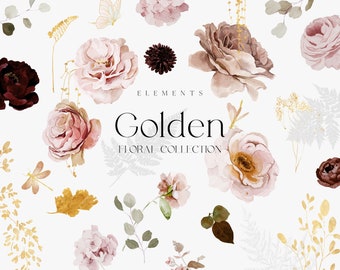 Watercolor Blush and Rose Clipart - Floral Clipart - Watercolor Clipart - Blush and Rose - Gold Foil Clipart-Wedding Clipart-Flowers Clipart