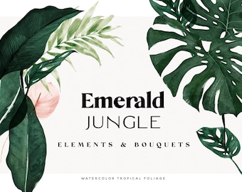 Tropical Jungle Watercolor Clipart - Tropical Leaves - Tropical Bouquets - Monstera Clipart - Watercolor Palm Leaf - Watercolor Jungle