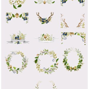 May include: Watercolor illustrations of oak leaves, acorns, berries, and antlers. The illustrations are in shades of green, brown, and blue. The text "The Family Tree" is written in a cursive font on a card with a watercolor illustration of a family tree.