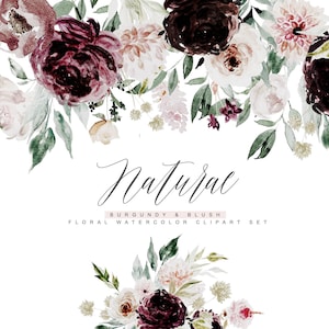 Burgundy and Blush Watercolor Clipart - Individual Elements - Burgundy Peony Clipart - Watercolor Flowers - Watercolor Wedding Flowers