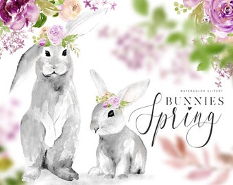 Spring Watercolor Bunnies, Easter Rabbit, Spring Clipart, Cute bunny clipart, Watercolor Bunny, Spring Arrangements, Spring Rabbit