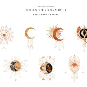 Op de afbeelding: Index van gekleurde zon- en maanamulets. Zes verschillende zon- en maanamulets met gouden en bruine accenten. De amulets zijn gerangschikt in twee rijen van drie.