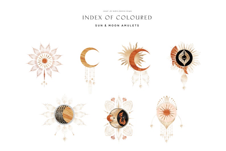 Op de afbeelding: Index van gekleurde zon- en maanamulets. Zes verschillende zon- en maanamulets met gouden en bruine accenten. De amulets zijn gerangschikt in twee rijen van drie.