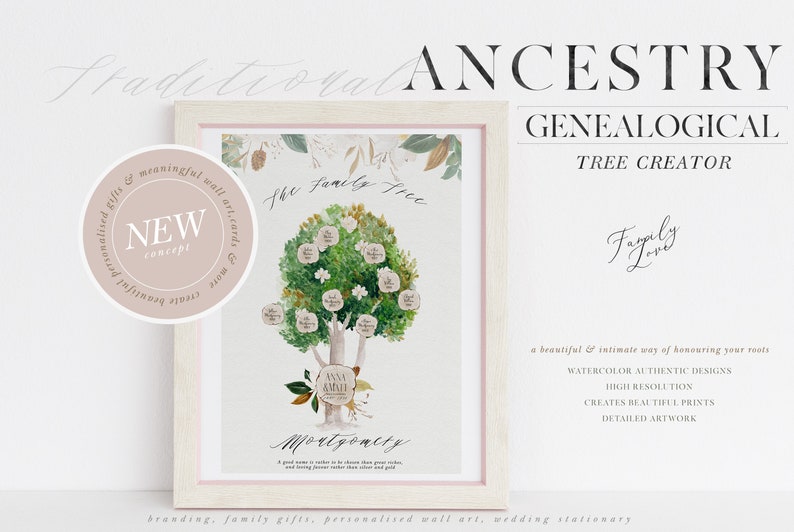 May include: A watercolor illustration of a family tree with green leaves and white flowers. The tree is surrounded by a pink frame and the text "The Family Tree" is written above the tree. The text "Family Love" is written below the tree. The text "ANCESTRY GENEALOGICAL TREE CREATOR" is written at the top of the image.
