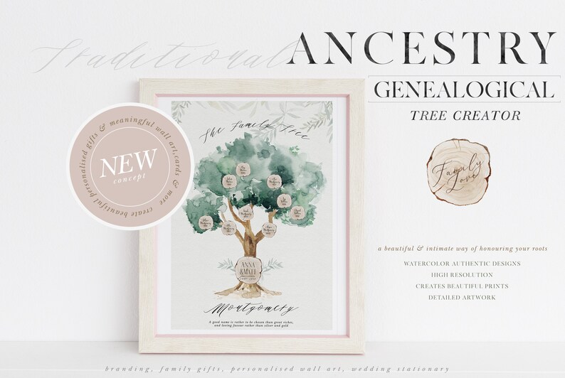 May include: A watercolor illustration of a family tree with the words "The Family Tree" at the top. The tree is green and has brown branches. The leaves are a light green color. The tree is surrounded by a white frame with a pink border. The text "Montgomerty" is written below the tree. The text "A good name is rather to be chosen than great riches, and loving favour rather than silver and gold" is written below the text "Montgomerty".
