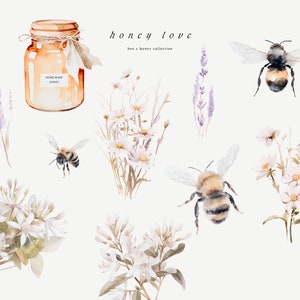 May include: Watercolor illustration of a honey jar, bees, and flowers. The jar is labeled "Home Made Honey". The text "honey love bee + honey collection" is written above the image.
