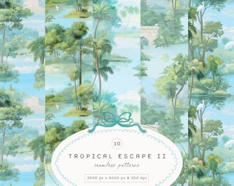 Patrones tropicales sin costuras en acuarela - Patrones tropicales - Papel para álbumes de recortes - Patrones de acuarela - Papel digital - Patrones sin costuras