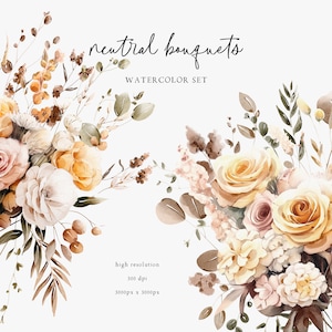 Buquês florais em aquarela - Clipart aquarela - Clipart de casamento - Buquês pré-fabricados - Buquês florais neutros - Clipart pré-fabricado - Arte floral